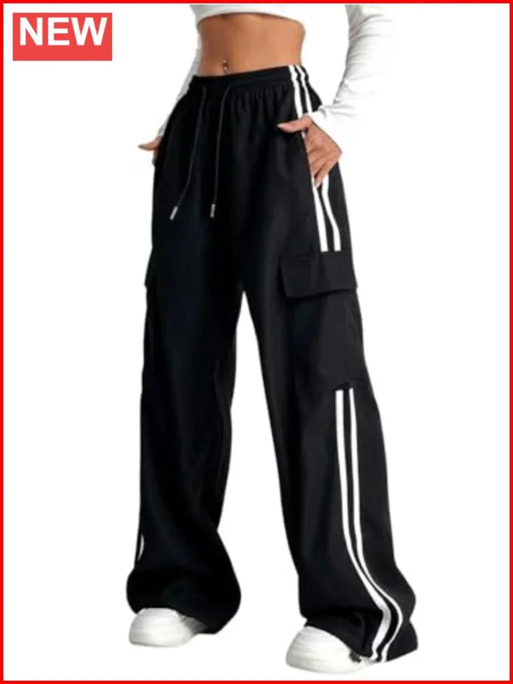 Baggy Straight Wide Leg Cargo Pants with Pockets Striped Joggers Athletic